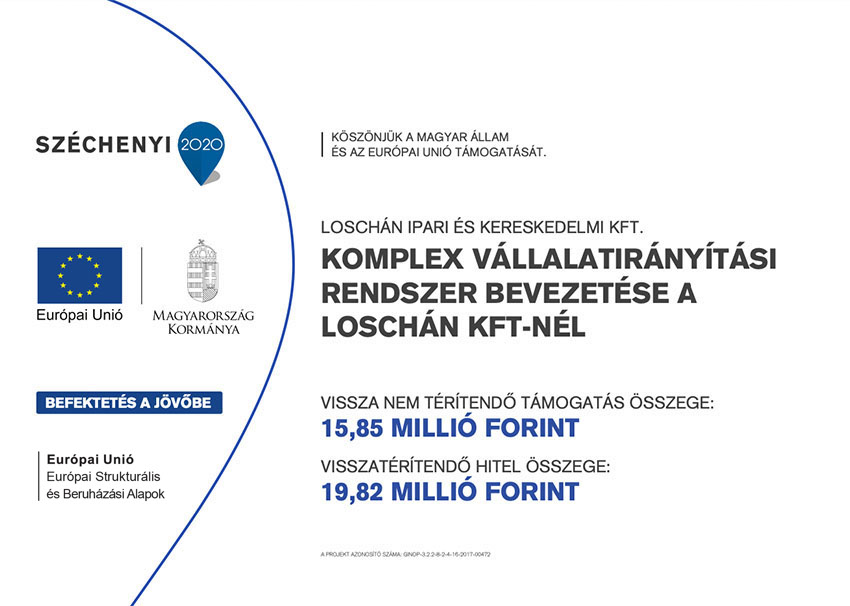 Széchenyi 2020 pályázati tábla – Komplex vállalatirányítási rendszer bevezetése a Loschán Kft-nél, GINOP-3.2.2-8-2-4-16-2017-00472